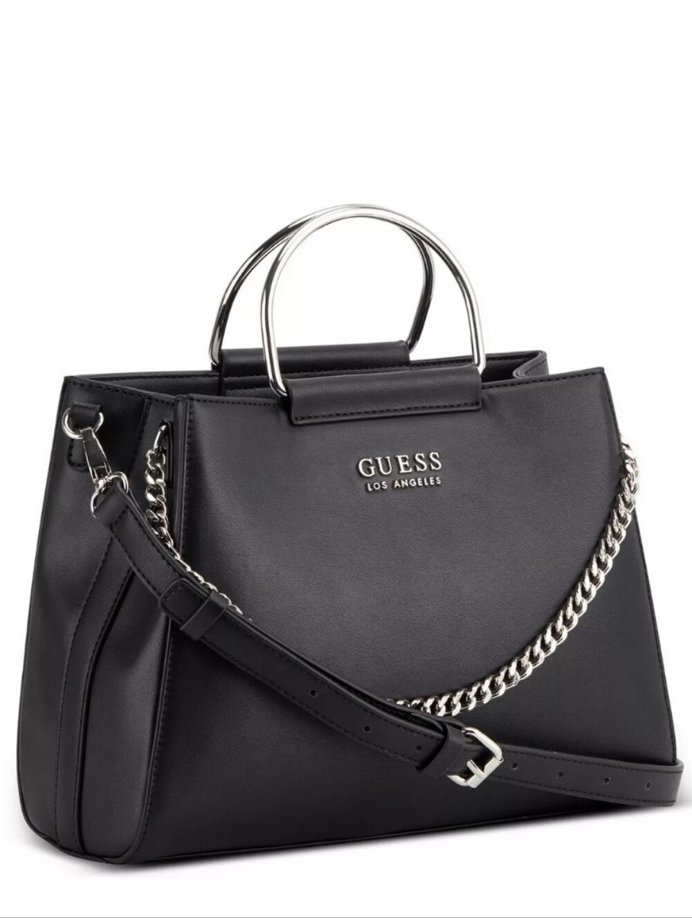 GUESS Black Satchel with Silver Chain & Top Handle - Picture 3 of 4